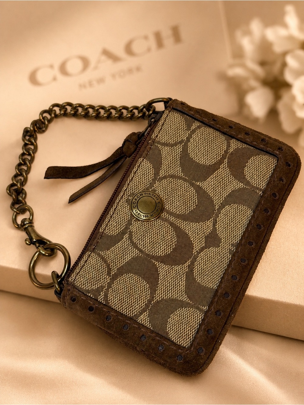 Coach Coin Purse/Key Ring Khaki Signature C with Chain Strap
